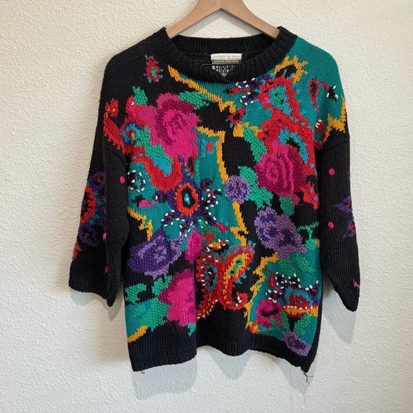 VTG 90's Forenza Hand Knitted Colorful Retro Sweater Bright Floral Funky Groovy - Picture 1 of 8